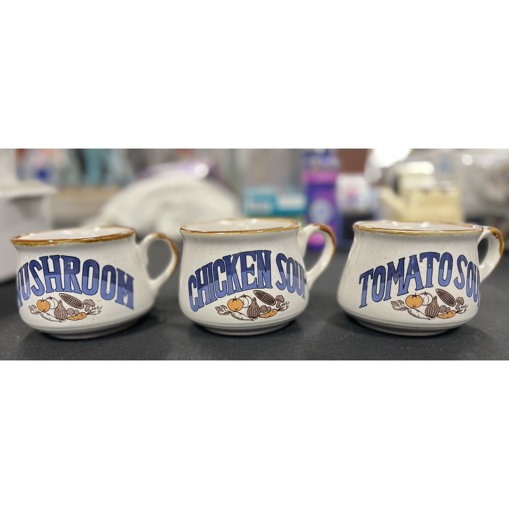 VTG‎ set of 3 Decorative Soup bowls Mugs 80's Tomato Chicken Mushroom